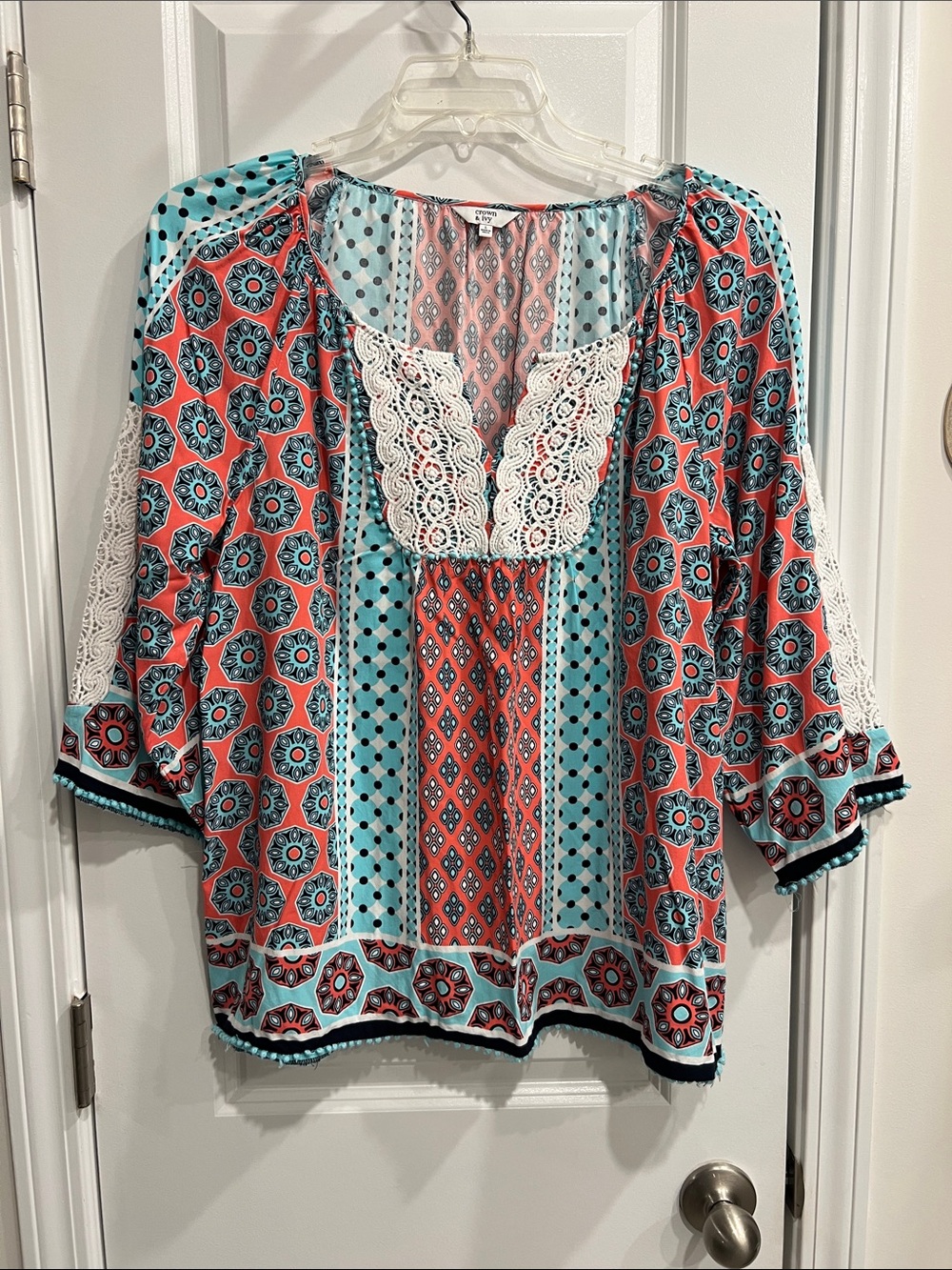 crown & ivy Boho Lace-Trim Peasant Blouse - Coral & Turquoise